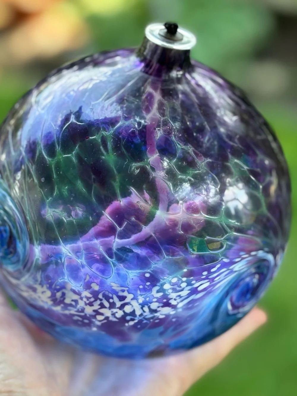 Hand Blown Canadian Glass Oil Lamp Purple/Blue Swirl Crackle Finish Vtg